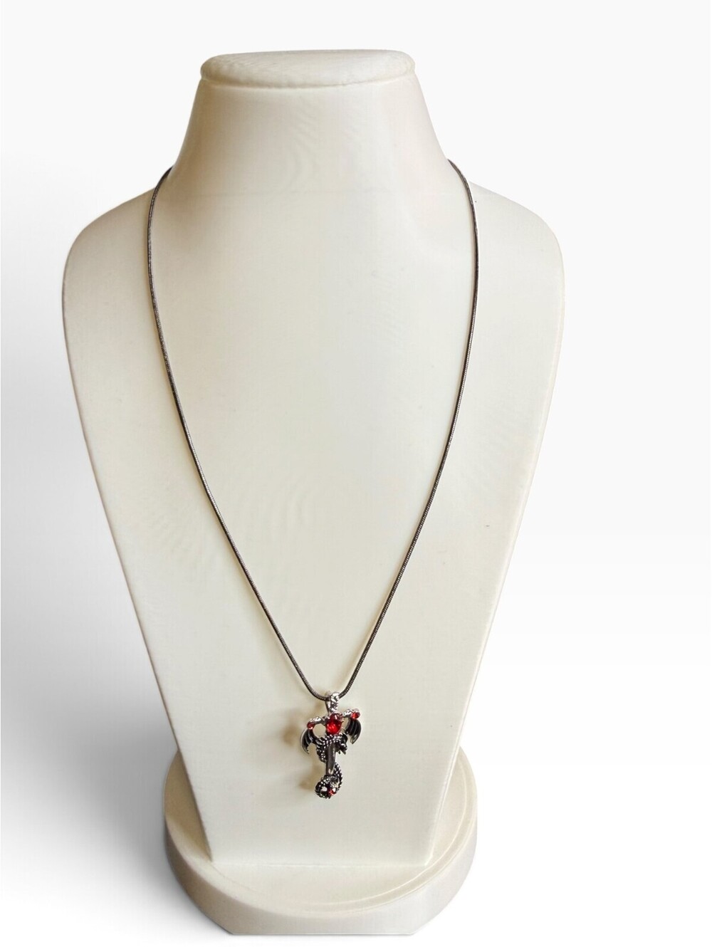 Gothic Dragon Pendant Necklace Red Rhinestone Crystal Gunmetal Fantasy Jewelry